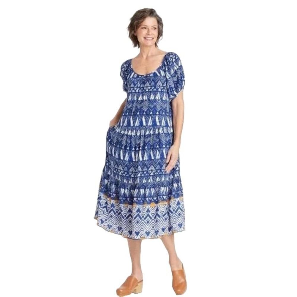 Knox Rose Short Puff Sleeve Tiered Dress Blue Geometric Back Tie Pocket Sz M